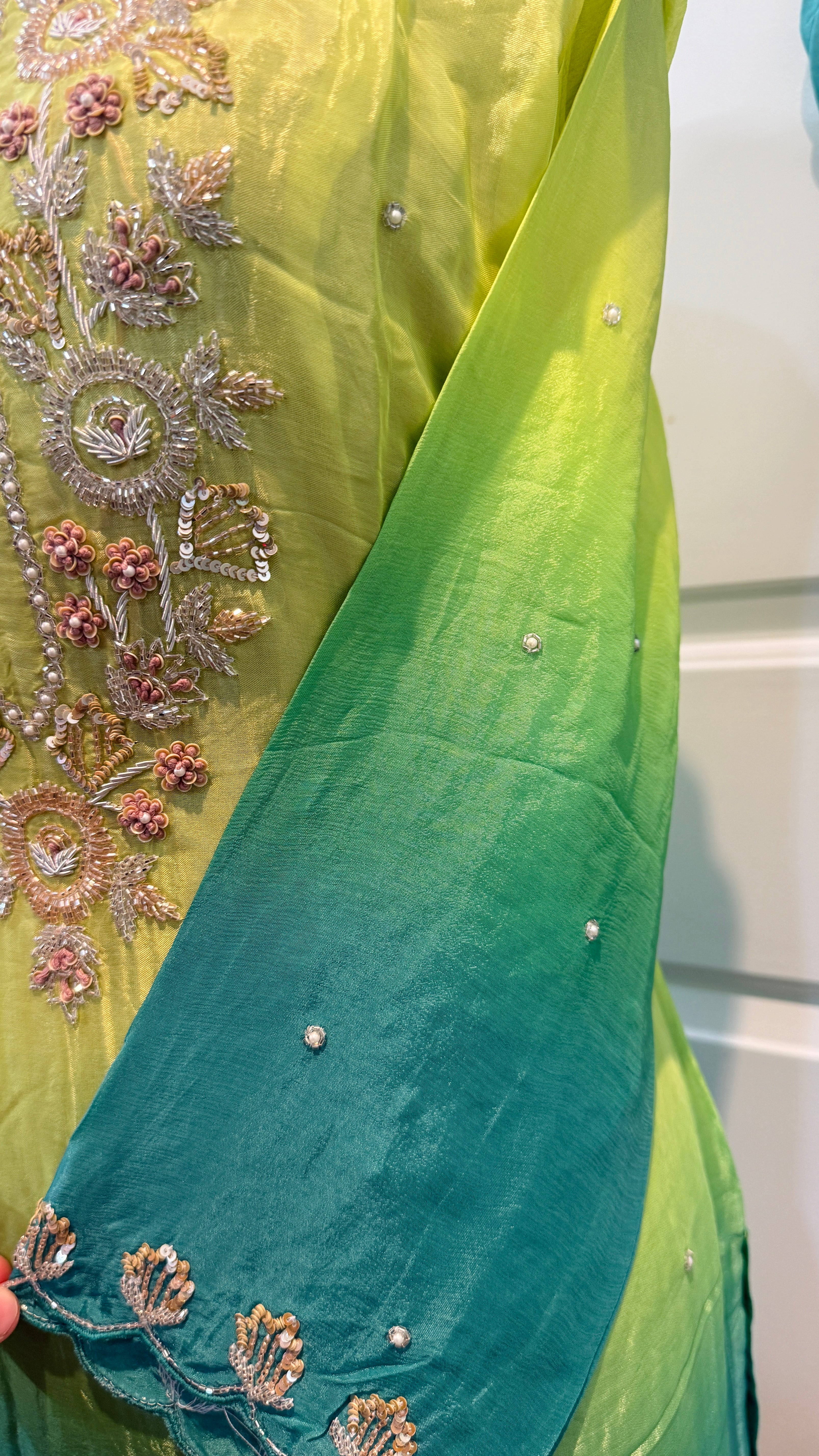 Pure chinnon hand embroidered plazo suit