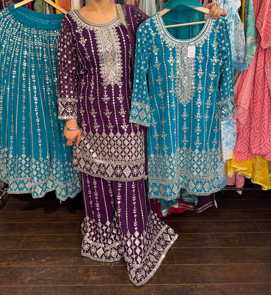 Teal blue Embroidered sharara suit
