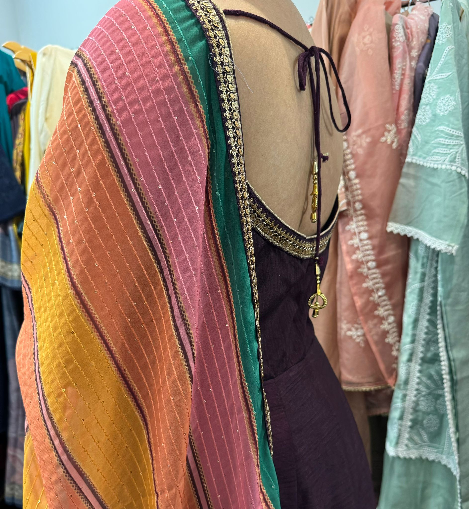 Anarkali suit with colourful dupatta