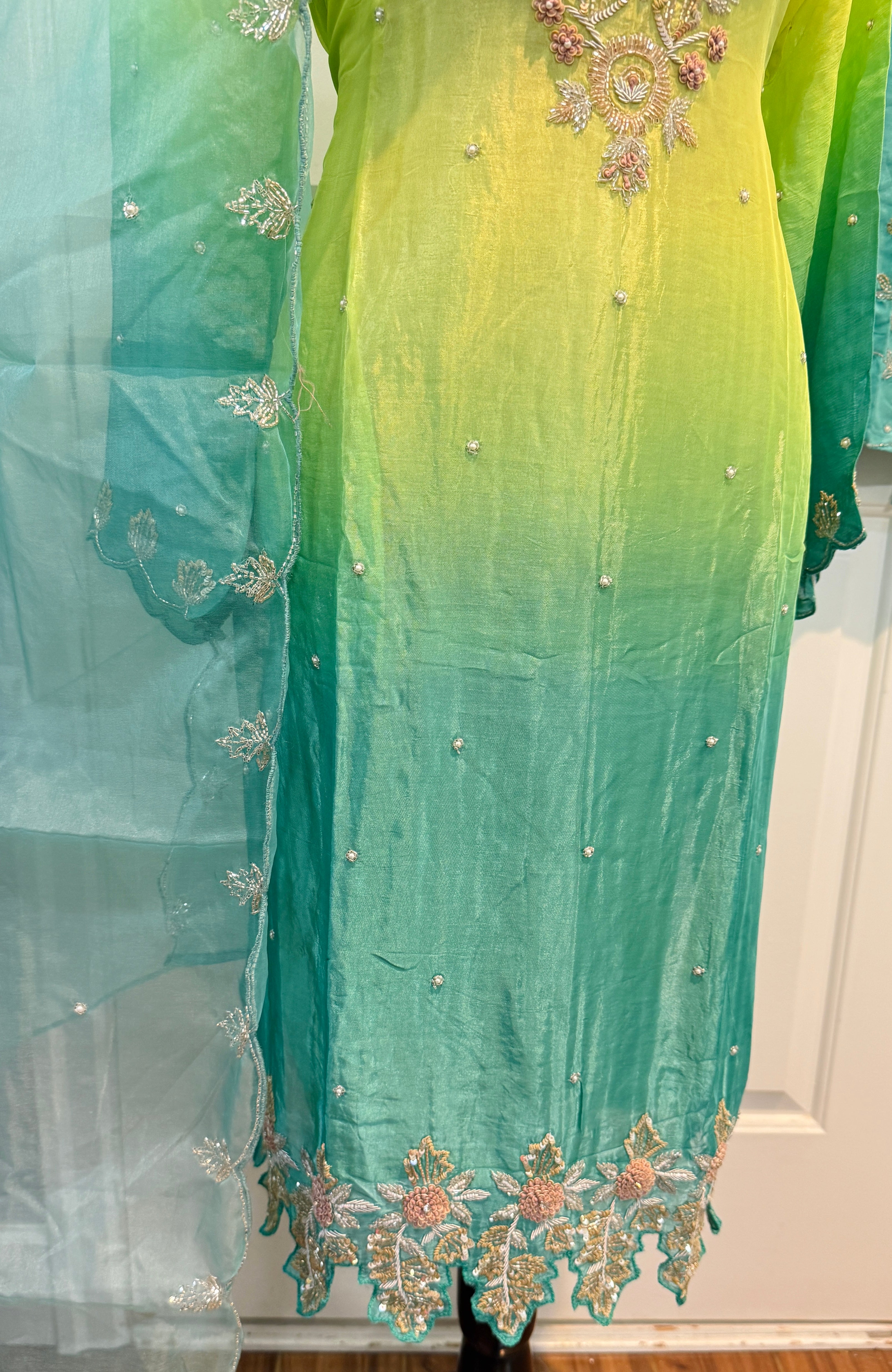 Pure chinnon hand embroidered plazo suit