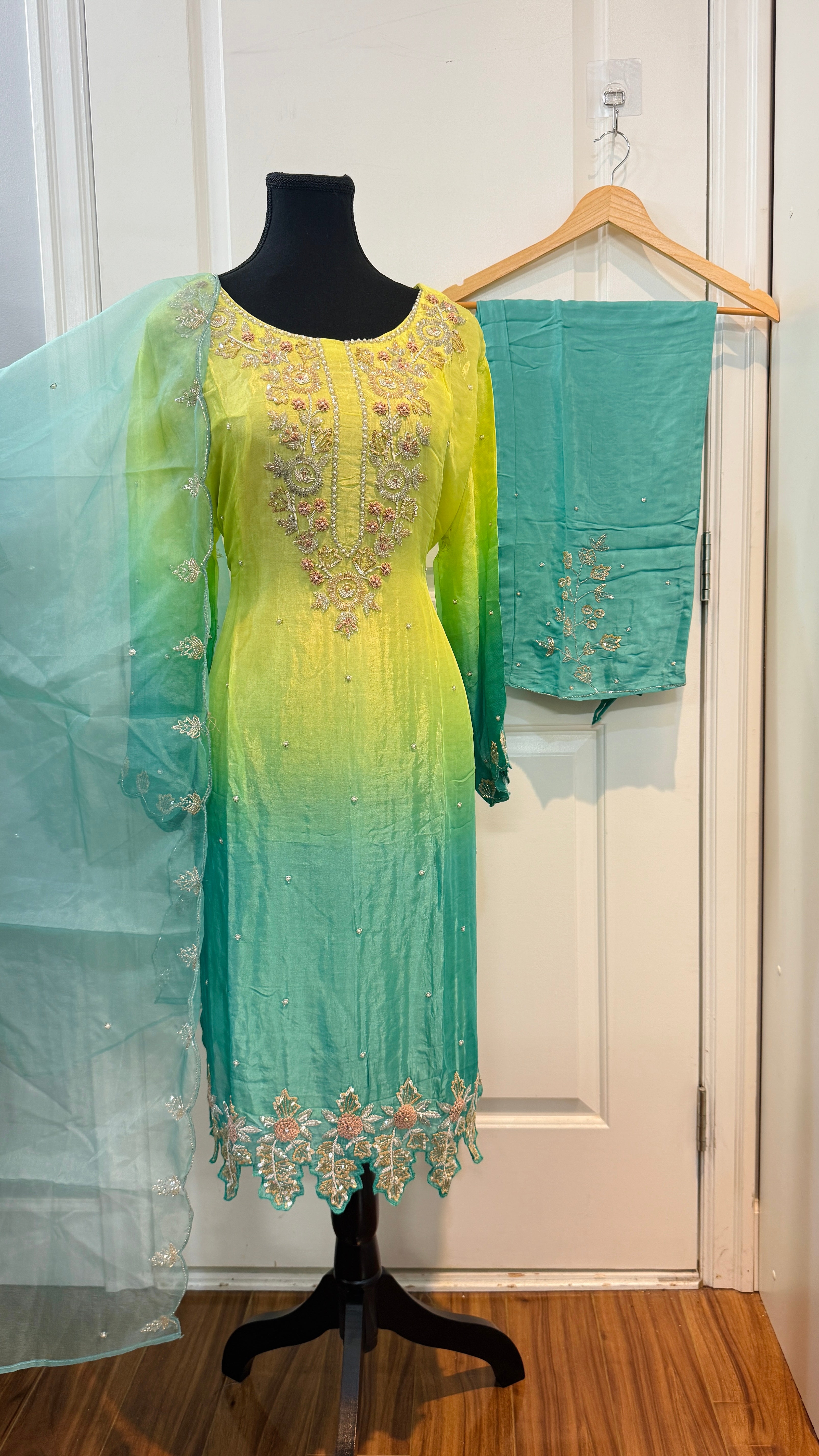 Pure chinnon hand embroidered plazo suit